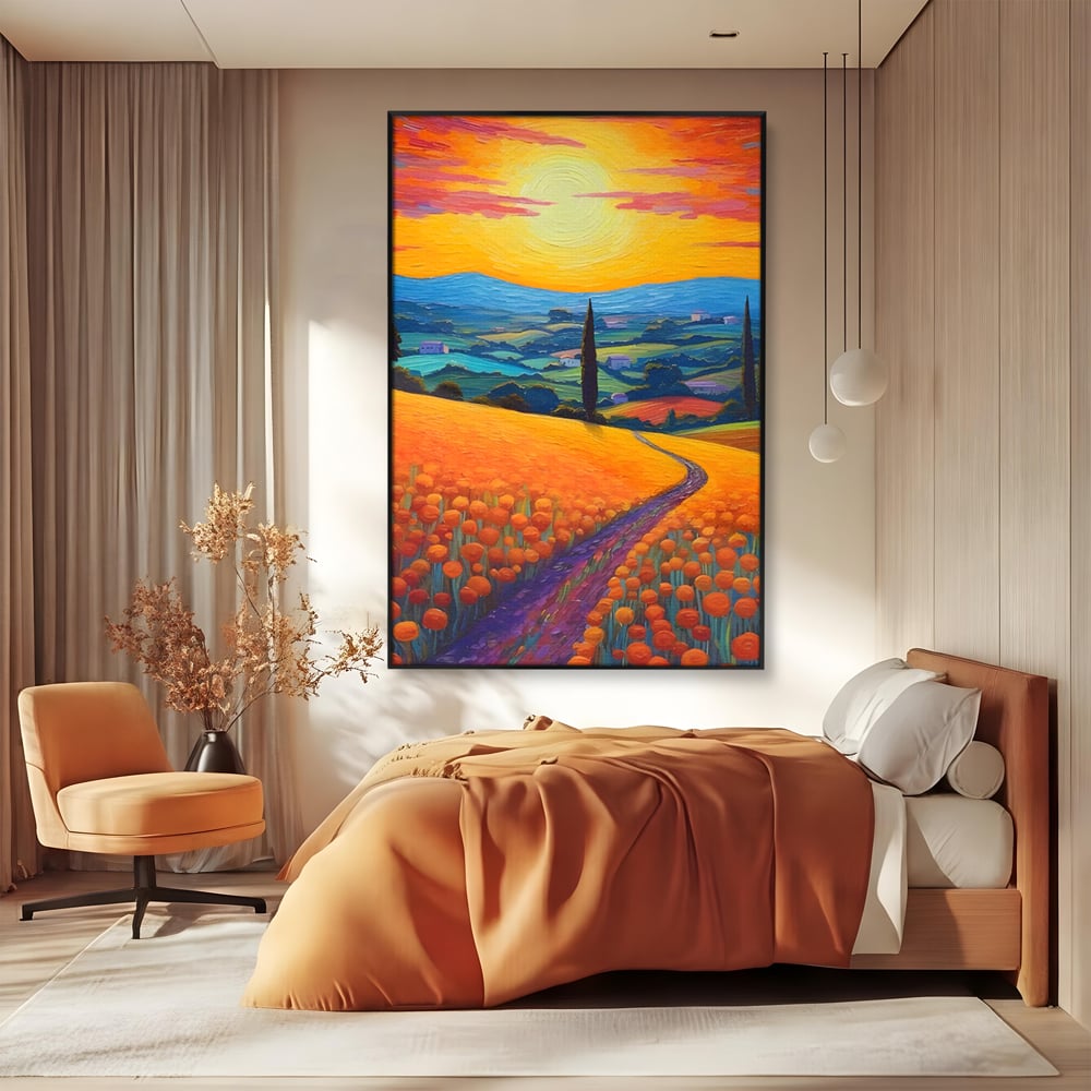 Tablou canvas cu pictura peisaj cu drum si chiparos, in rama de aluminiu negru, pe perete intr-un dormitor